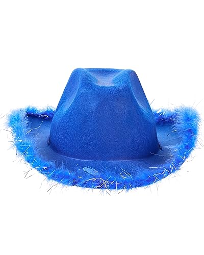 Damen Cowgirl Hut Flauschige Feder Trim Cowboyhut breite Krempe Western Vintage Denim Cap mit verstellbarem Kordelzug Halloween Party Hut, Dunkelblau, One size von Fylovery