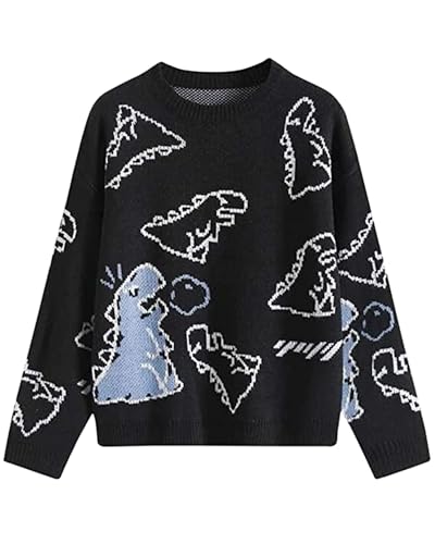 Frauen Dinosaurier Druck Pullover Lose Strickpullover Rundhals Lustige Sweatshirt Niedliche Cartoon Strickpullover Winter Y2K Streetwear Top, A-schwarz, L von Fylovery