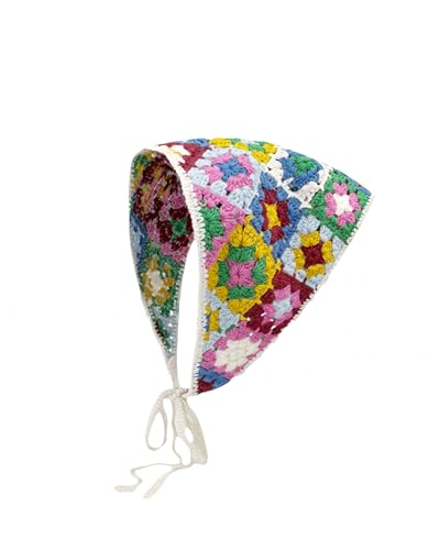 Frauen gehäkelte Haarbandanas Boho Floral Kopftuch Häkeln Dreieck Stirnbänder Vintage Blume Kopftuch Mädchen Krawatte Handgemachte Haar-Accessoires (A-Bunte Blume, Einheitsgröße) von Fylovery