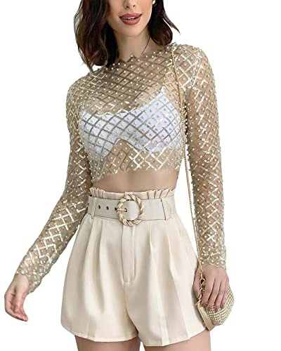 Fylovery Damen Glänzende Strasssteine Kleid Fischnetz Ausschnitt Transparent Langarm Crop Tops für Club Bademode Kleid Bikini Cover Up Streetwear, F-Gold, L von Fylovery