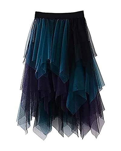 Fylovery Damen Tüllrock Elastisch Hohe Taille Unregelmäßig Gestuft Lagenrock Ballett Prom Party Tüll Tutu A-Linie Midirock, Grün-blau, Einheitsgröße von Fylovery