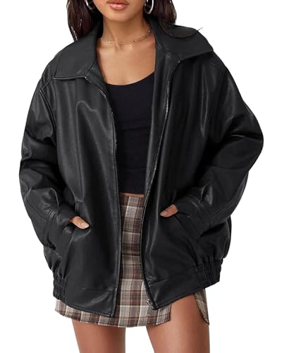 Fylovery Frauen Lederjacken Übergroße Faux Motorrad Biker Mantel Reißverschluss PU Moto Cardigan Äußere Lose Bomberjacke Herbst Baggy Streetwear, A-schwarz, 38 von Fylovery