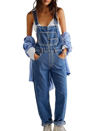 Fylovery Frauen Strapse Denim Straight Leg Lange Jumpsuit Verstellbarer Riemen Strampler Hosen Sommer Baggy Latzhose Loose Fit Jean Overalls, A-Blau, 38 von Fylovery