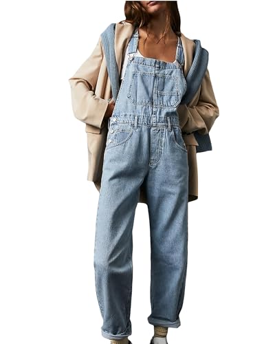 Fylovery Frauen Strapse Denim Straight Leg Lange Jumpsuit Verstellbarer Riemen Strampler Hosen Sommer Baggy Latzhose Loose Fit Jean Overalls, A-light blue, 38 von Fylovery