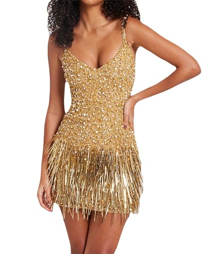 Fylovery Frauen glitzernde Quasten Kleid 1920er Jahre Pailletten Fransen V-Ausschnitt ärmelloses Minikleid Slip Spaghettiträger Kostüm Cocktail Party Clubwear, A-golden, Medium von Fylovery