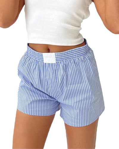 Fylovery Lässige Damen-Shorts, gestreifter Druck, weiche Pyjamahose, elastische Taille, leicht, lockeres weites Bein, Schlaf-Lounge-Shorts, Y2K, Streetwear, B-Blau, Medium von Fylovery