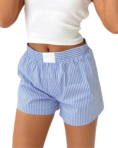 Fylovery Lässige Damen-Shorts, gestreifter Druck, weiche Pyjamahose, elastische Taille, leicht, lockeres weites Bein, Schlaf-Lounge-Shorts, Y2K, Streetwear, B-Blau, S von Fylovery