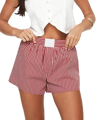 Fylovery Lässige Damen-Shorts, gestreifter Druck, weiche Pyjamahose, elastische Taille, leicht, lockeres weites Bein, Schlaf-Lounge-Shorts, Y2K, Streetwear, B-Rot, S von Fylovery