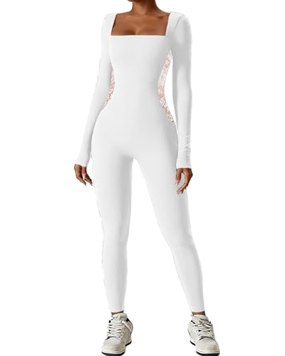 Fylovery Langärmeliger Jumpsuit für Damen, enganliegend, quadratischer Ausschnitt, seitliche Spitzenstickerei, durchsichtig, dehnbar, langer Strampler, figurbetonter Body, A-weiß, 36 von Fylovery
