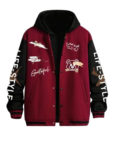 Fylovery Männer Baseball Jacke Langarm Knopfverschluss Buchstaben Bär Druck Kontrast Farbe Varsity Jacke Herbst Casual Sportswear Mantel, A-Wine Red, 46 von Fylovery