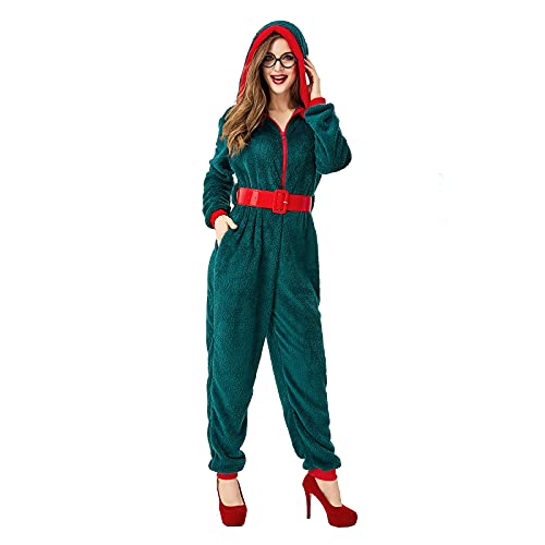 Fylovery Weihnachten Onesie Familie Passende Pyjamas Set Coral Fleece Santa Elf Nachtwäsche Plüsch Hoodie Jumpsuit Nachtwäsche Xmas Soft Loungewear, A-grün, 38 von Fylovery