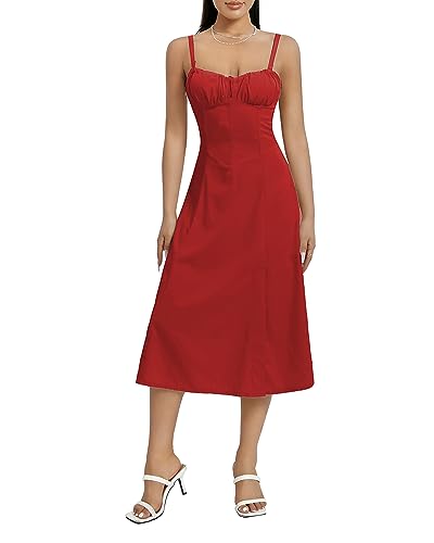 Fylovery Damen Y2K ärmelloses florales Mittelkleid, tiefer Ausschnitt, figurbetontes Kleid, rückenfrei, Bustier-Saum, Schlitz, Slip, Cami-Kleid, Boho, A-Linie, fließendes Sommerkleid, D-rot, L von Fylovery