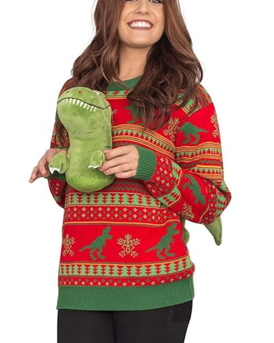 Herren Damen Weihnachtspullover 3D Lustig T-Rex Elch Hai Langarm Rundhals Strickpullover Xmas Dinosaurier Pullover Winter Warme Strickwaren, A-roter Dinosaurier, Large von Fylovery