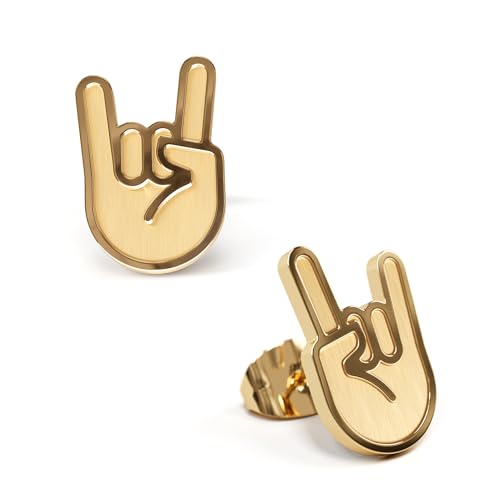 FYNGERS | Ohrsteckler mit Handzeichen | Ein Paar | Chirurgischer Edelstahl | Für Damen und Herren | Top Qualität (Rock ’n’ Roll, Edelstahl – 18 Karat Gold (IP Beschichtung)) von Fyngers