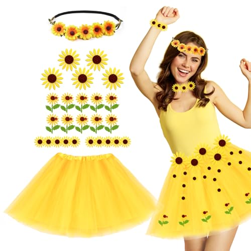 Fynleka Damen Sonnenblume Kostüm - Gelb Tüllrock + 25Stk Sonnenblumen Blütenköpfe + Sonnenblumen Stirnband Haarschmuck für Karneval Fasching Mottoparty Fynleka Damen Sonnenblume Kostüm - Gelb Tüllrock + 25Stk Sonnenblumen Blütenköpfe + Sonnenblumen Stirnband Haarschmuck für Karneval Fasching Mottoparty von Fynleka