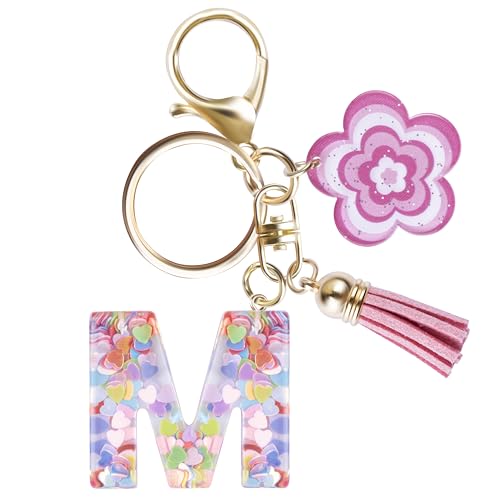 Fyshird Schlüsselanhänger Buchstabe M Damen Schlüsselanhänger mit Acryl-Schmetterling Quaste Auto Taschenanhänger Geschenk für Frauen Mama Mädchen Rosa von Fyshird