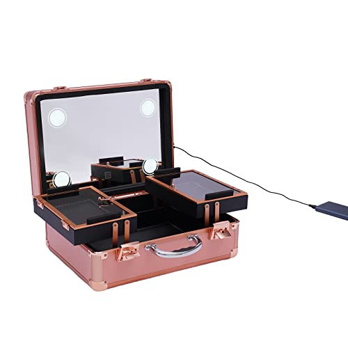 Fyssnn Kosmetikkoffer Mit LED Beleuchtung Spiegel & Schlüssel Tragbarer Schminkkoffer Organizer 2 Schichten Multikoffer Beauty Case für Make-up Schmuck Geschenk Damen (Roségold) von Fyssnn