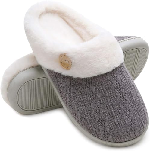 Fyuein Hausschuhe Damen Herren Winter Plüsch Wärme Gefüttert Memory Foam Pantoffeln Rutschfeste (Grau, 38/39) von Fyuein