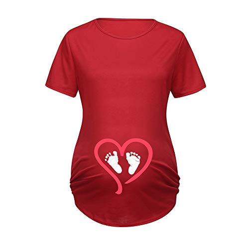 G-Amber Damen Umstands-T-Shirt, kurzärmelig, lustige Grafik seitlich gerüscht, niedliches Oberteil für Schwangerschaft, Baby-T-Shirt, Motiv "Little Feet Red Love", 3X-Groß von G-Amber