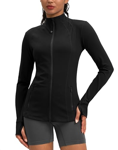 G Gradual Damen Trainingsjacken mit Reißverschluss und Taschen, schmale Passform, Baumwolle, weiche Jacke für Laufen, Athletik, Yoga, Schwarz, L von G Gradual