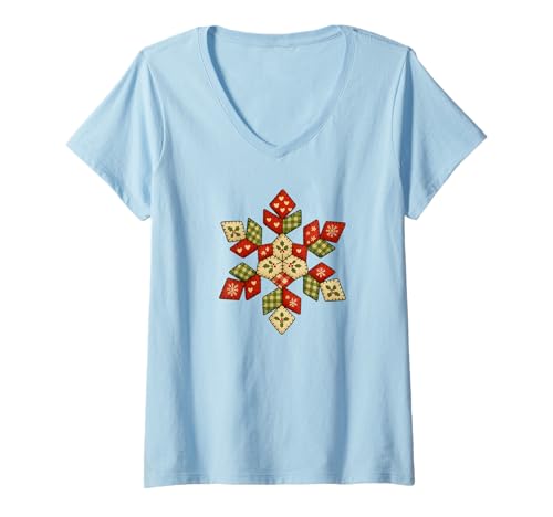 Damen Boho Schneeflocken Patchwork T-Shirt mit V-Ausschnitt von G Hall Marketing