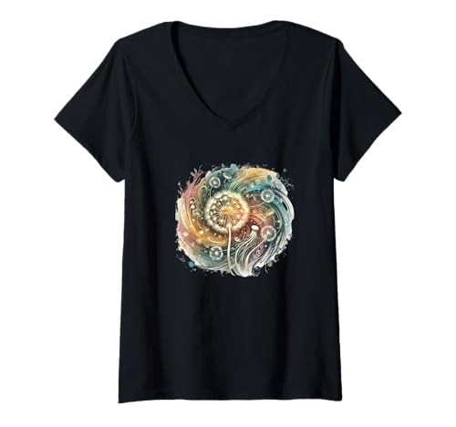 Damen Löwenzahn weht im Wind T-Shirt mit V-Ausschnitt von G Hall Marketing