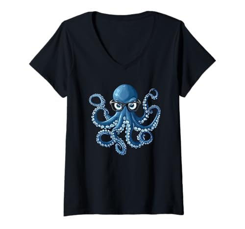 Damen Oktopus trägt Brille T-Shirt mit V-Ausschnitt Damen Oktopus trägt Brille T-Shirt mit V-Ausschnitt von G Hall Marketing