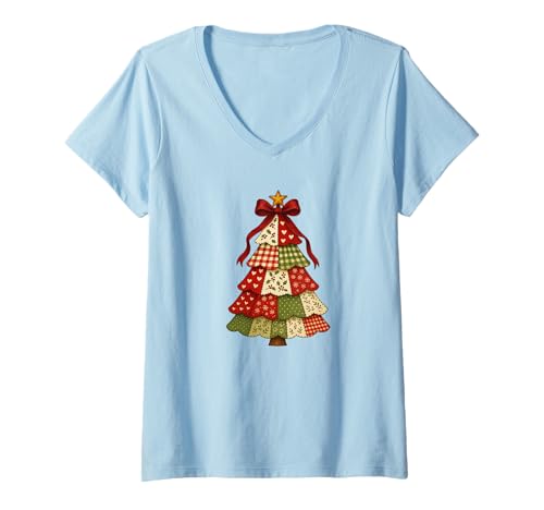 Damen Patchwork-Weihnachtsbaum T-Shirt mit V-Ausschnitt von G Hall Marketing