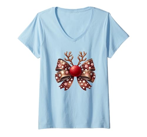 Damen Rentier-Schleife T-Shirt mit V-Ausschnitt Damen Rentier-Schleife T-Shirt mit V-Ausschnitt von G Hall Marketing