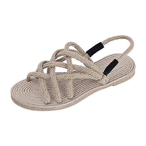 Damen Sommerschuhe Seile Sandalen - Traditionelle Hanfseile Handarbeit Flechtband Rutschfest Flache Flip Flops Cosplay Clogs Slipper Sneaker Schuhe TPR Sohle Für Frauen Mädchen (38 EU, Beige) von G-LIKE