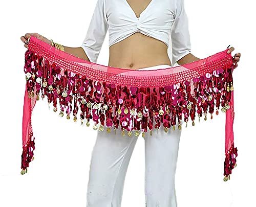 G-LIKE Bauchtanz Hüfttuch Taillenkette Gürtel – Professionelles Tanzkostüm Sexy Tanzkleid Rock Outfit Zubehör mit 88 Münzen Pailletten Hüftschal für Damen Mädchen Doppellagig – 160 cm (Rose) von G-LIKE