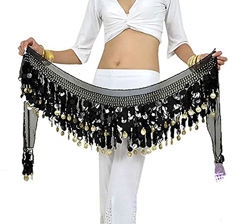 G-LIKE Bauchtanz Hüfttuch Taillenkette Gürtel – Professionelles Tanzkostüm Sexy Tanzkleid Rock Outfit Zubehör mit 88 Münzen Pailletten Hüftschal für Damen Mädchen Doppellagig – 160 cm (Schwarz) von G-LIKE