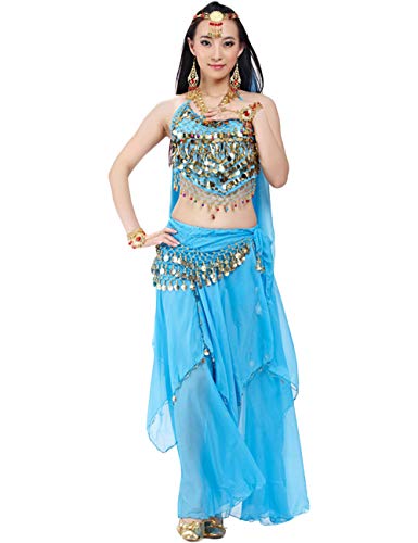 G-LIKE BellyQueen Tanz Kostüm Bauchtanz Kleid - Orientalischer Tanz Arabisch Sexy Professionelle Farbenreiche Kleidung Set Outfit für Tänzerin Damen - Chiffon - 5 Stück (See blau) von G-LIKE