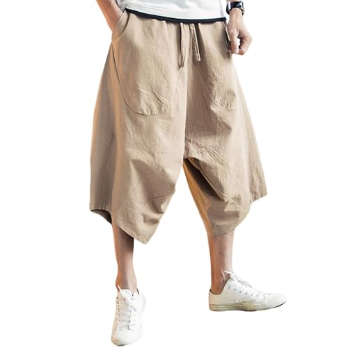 G-LIKE Caprihose Harem Ballonhose Pluderhose - Weite Beine Ausgeleiert Palazzons Knickerbocker Yoga 3/4 Hose Zigeuner Aladin Freizeit Kleidung für Männer Frauen - Baumwolle Hanf (Beige, L) von G-LIKE