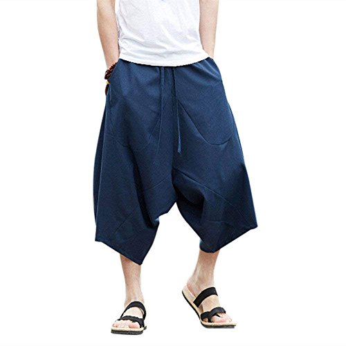 G-LIKE Caprihose Harem Ballonhose Pluderhose - Weite Beine Ausgeleiert Palazzons Knickerbocker Yoga 3/4 Hose Zigeuner Aladin Freizeit Kleidung für Männer Frauen - Baumwolle Hanf (Blau, 2XL) von G-LIKE