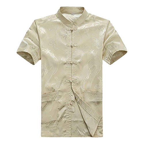 G-LIKE Chinesische Kleidung Drachen Jacke - Traditionelle Tangzhuang Kostüme Kampfkunst Kung Fu Tai Chi Qigong Kurze Ärmel Stehkragen Uniform für Männer Frauen (Beige, XXL) von G-LIKE