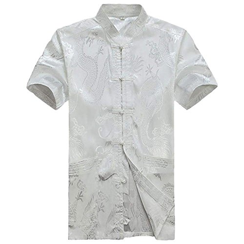 G-LIKE Chinesische Kleidung Drachen Jacke - Traditionelle Tangzhuang Kostüme Kampfkunst Kung Fu Tai Chi Qigong Kurze Ärmel Stehkragen Uniform für Männer Frauen (Weiβ, XXL) von G-LIKE