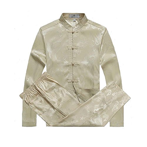 G-LIKE Chinesische Kleidung Tang Anzug - Traditionelle Klassische Kostüme Kampfkunst Kung Fu Tai Chi Qigong Lange Ärmel Drachen Muster Performance Uniform für Männer Frauen (Beige, XL) von G-LIKE