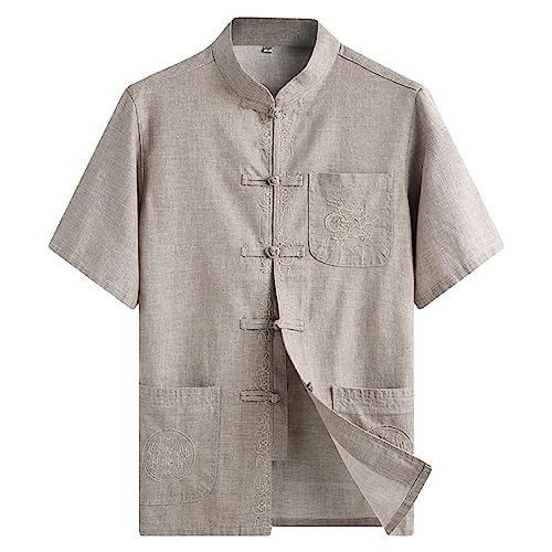 G-LIKE Chinesischer Tang Stil Hemd – Traditionelle Kurzärmelige Sommerkleidung mit Bestickten Drachen Stehkragen 3D-Musterstickerei Kampfkunst Kung Fu Herren Uniform - Leinentuch (Beige, XXL) von G-LIKE