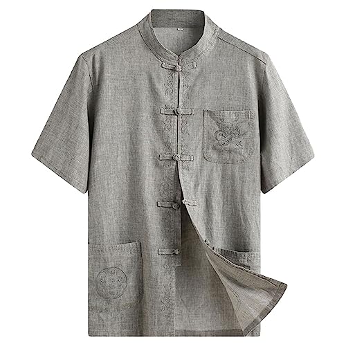 G-LIKE Chinesischer Tang Stil Hemd – Traditionelle Kurzärmelige Sommerkleidung mit Bestickten Drachen Stehkragen 3D-Musterstickerei Kampfkunst Kung Fu Herren Uniform - Leinentuch (Dunkelgrau, L) von G-LIKE