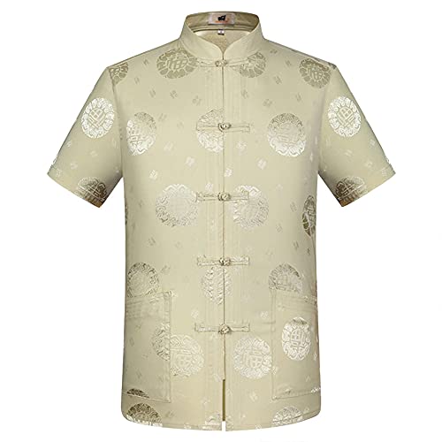 G-LIKE Chinesisches Sommer Hemd Tang-Stil - Traditionelle Herren Damen Kleidung Tangzhuang Kostüm Freizeithemd Shirt Kampfkunst Kung Fu Tai Chi Trainingskleidung Kurze Ärmel Uniform (Beige, L) von G-LIKE