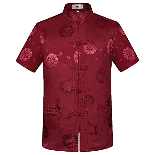 G-LIKE Chinesisches Sommer Hemd Tang-Stil - Traditionelle Herren Damen Kleidung Tangzhuang Kostüm Freizeithemd Shirt Kampfkunst Kung Fu Tai Chi Trainingskleidung Kurze Ärmel Uniform (Rot, S) von G-LIKE