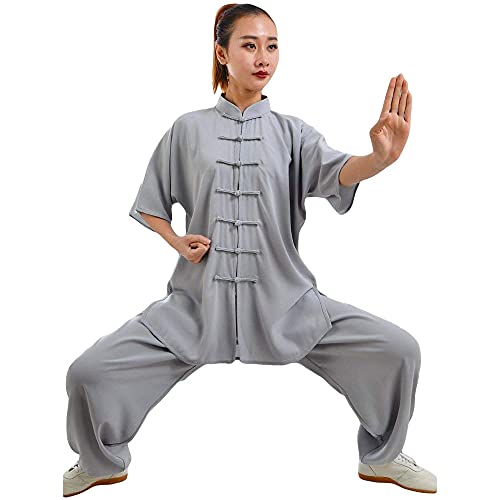 G-LIKE Damen Herren Tai Chi Trainingsanzug – Traditionelle Chinesische Kampfkunst Taiji Kung Fu Qi Gong Wing Chun Shaolin Wushu Frühling Sommer Training Unisex Uniform Kurzärmelig Anzug (Grau, L) von G-LIKE