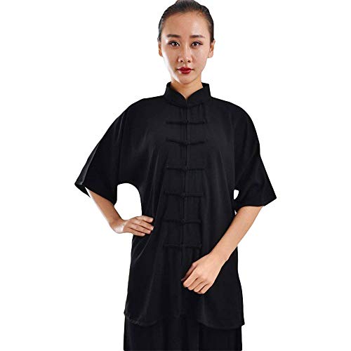 G-LIKE Damen Herren Tai Chi Trainingsanzug – Traditionelle Chinesische Kampfkunst Taiji Kung Fu Qi Gong Wing Chun Shaolin Wushu Frühling Sommer Training Unisex Uniform Kurzärmelig Anzug (Schwarz, XXL) von G-LIKE