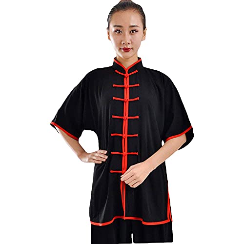 G-LIKE Damen Herren Tai Chi Trainingsanzug – Traditionelle Chinesische Kampfkunst Taiji Kung Fu Qi Gong Wing Chun Wushu Frühling Sommer Training Unisex Uniform Kurzärmelig Anzug (Schwarz&Rot, XXXL) von G-LIKE
