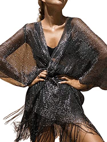 G-LIKE Damen Kimono Cardigan Umhang - Sonnenschutzkleidung Kittel Geschlitzte Ärmel Glänzende Fäden Fransen Strandurlaub Outfit (DE/NL/SE/PL, Alphanumerisch, Einheitsgröße, Regular, Regular, Schwarz) von G-LIKE