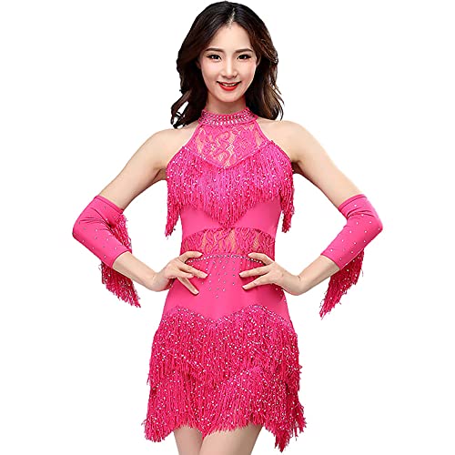 G-LIKE Damen Latein Tanzkleid Kostüm - Modern Dance Walzer Tango Latin Swingtanz Party Salsa Tango Dekoration Zubehör Pailletten Milchseide Trikot Rock Frauen Kleider (Rosenrot, M) von G-LIKE