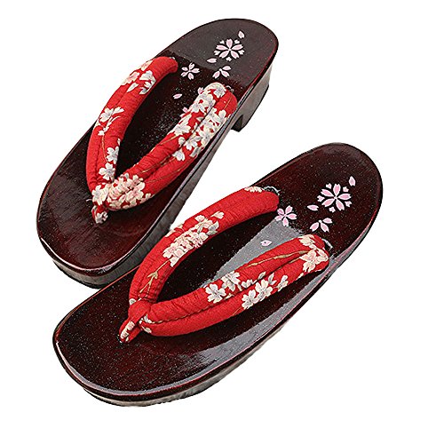 G-LIKE Damen Sandalen Pantoffel Sommerschuhe - Traditionelle Japanische Holzschuhe Geta Kimono Kirschblüte Sakura Musterdruck rutschfest Poliert Flip-Flops Cosplay Clogs (34-35 EU, Rot Sakura) von G-LIKE