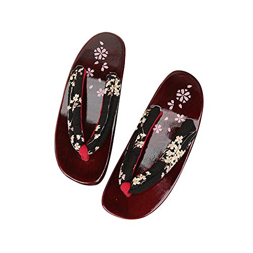 G-LIKE Damen Sandalen Pantoffel Sommerschuhe - Traditionelle Japanische Holzschuhe Geta Kimono Kirschblüte Sakura Musterdruck Rutschfest Poliert Flip-Flops Cosplay Clogs (36-37 EU, Schwarz Sakura) von G-LIKE