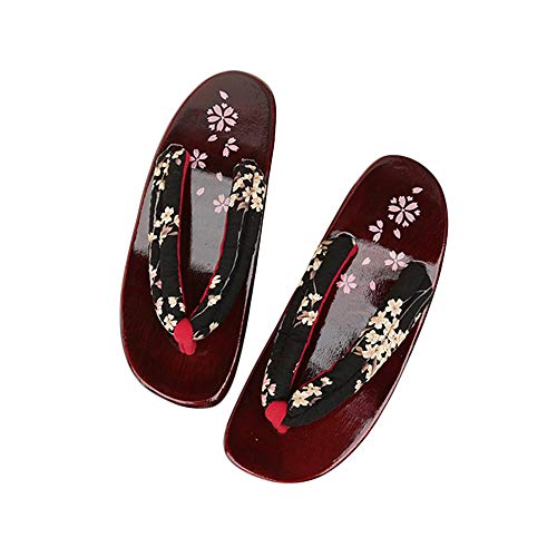G-LIKE Damen Sandalen Pantoffel Sommerschuhe - Traditionelle Japanische Holzschuhe Geta Kimono Kirschblüte Sakura Musterdruck rutschfest Poliert Flip-Flops Cosplay Clogs (38-40 EU, Schwarz Sakura) von G-LIKE
